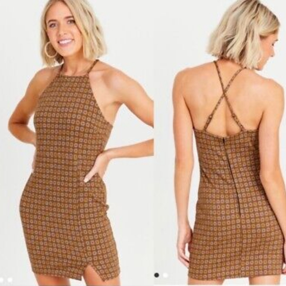 NWOT ALTAR’D STATE Janee Dress Brown Tan Floral 60's Retro Boho Dress Medium